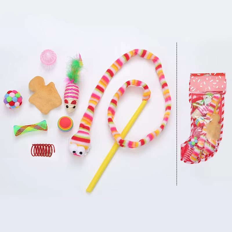 Christmas Series Pet Cats Toys Set Interactive Cat Toy for Kitten Playing Chase Exercise Teaser Wand Xmas Pet Cat Toys Supplies