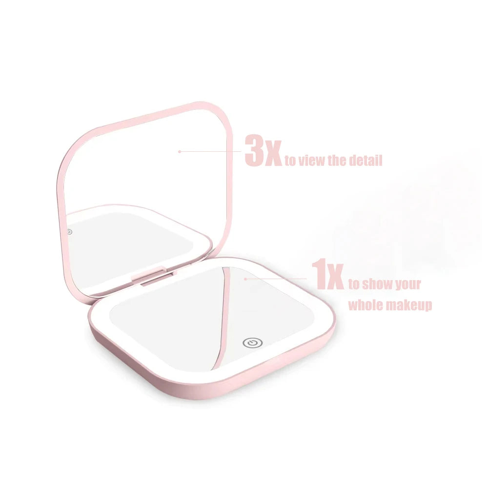 Compact Mini Gift Vanity Folding Cosmetic Mirror with Lights Portable Hand Held Small Pocket Travel Makeup Mirror 2X Magnifying