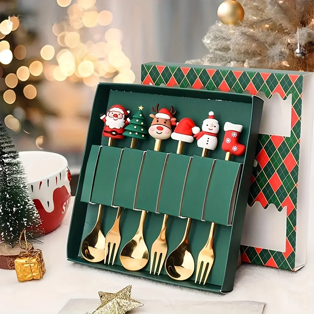 2/4/6Pcs Christmas Fork and Spoon Set,Stainless Steel Creative Tableware,Coffee Tea Dessert Forks and Spoons Gift Set