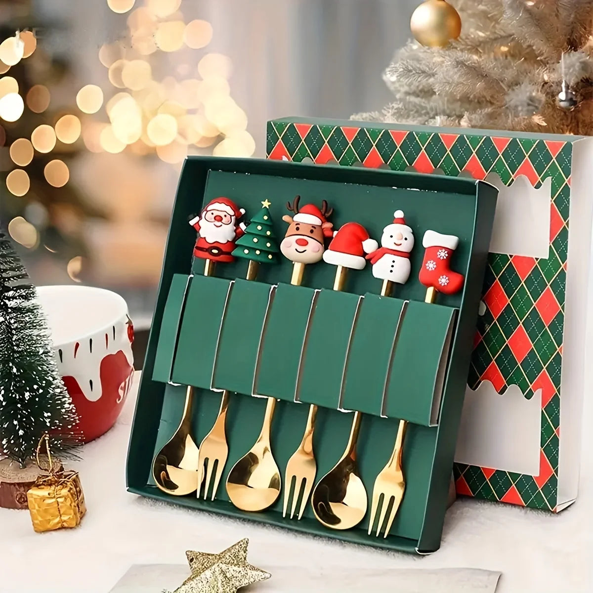 2/4/6Pcs Christmas Fork and Spoon Set,Stainless Steel Creative Tableware,Coffee Tea Dessert Forks and Spoons Gift Set