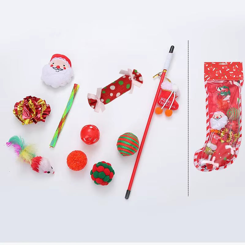 Christmas Series Pet Cats Toys Set Interactive Cat Toy for Kitten Playing Chase Exercise Teaser Wand Xmas Pet Cat Toys Supplies